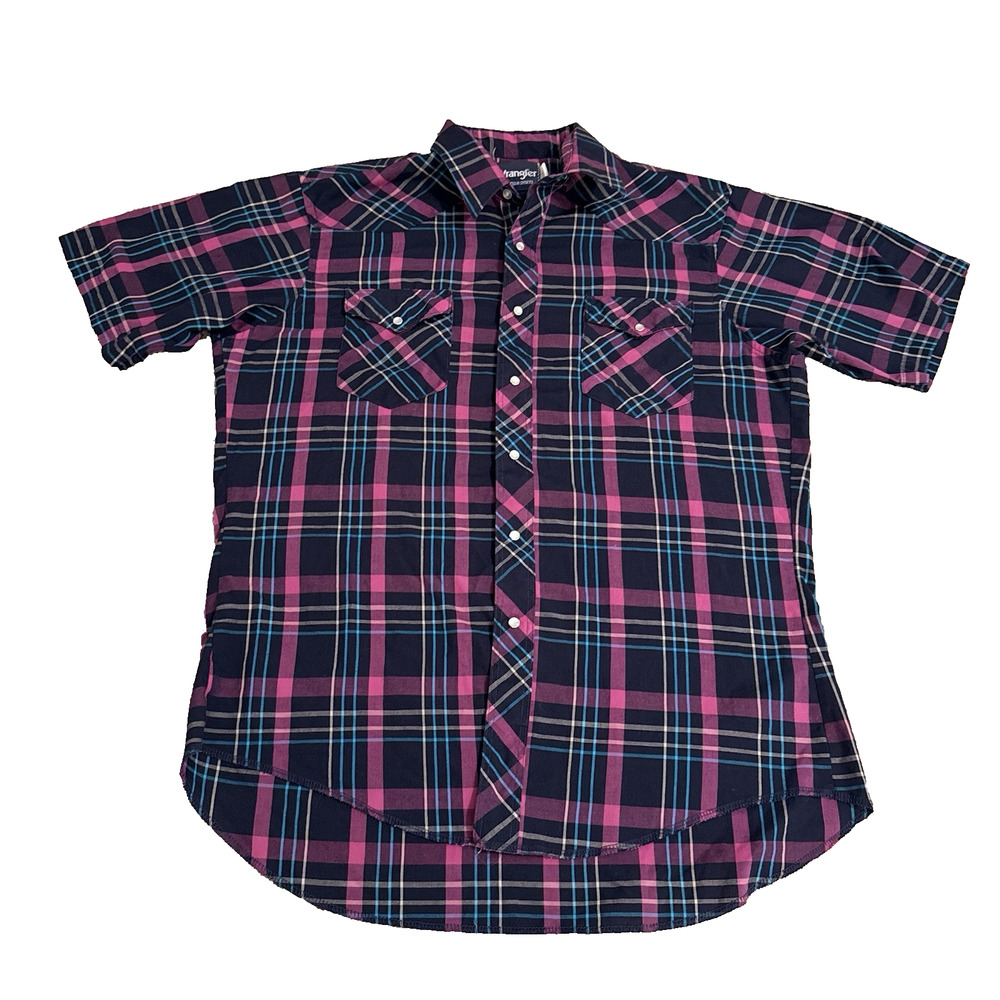 Wrangler Western Shirt Mens L Plaid Pink Blue Snap Front Cowboy Rodeo VTG